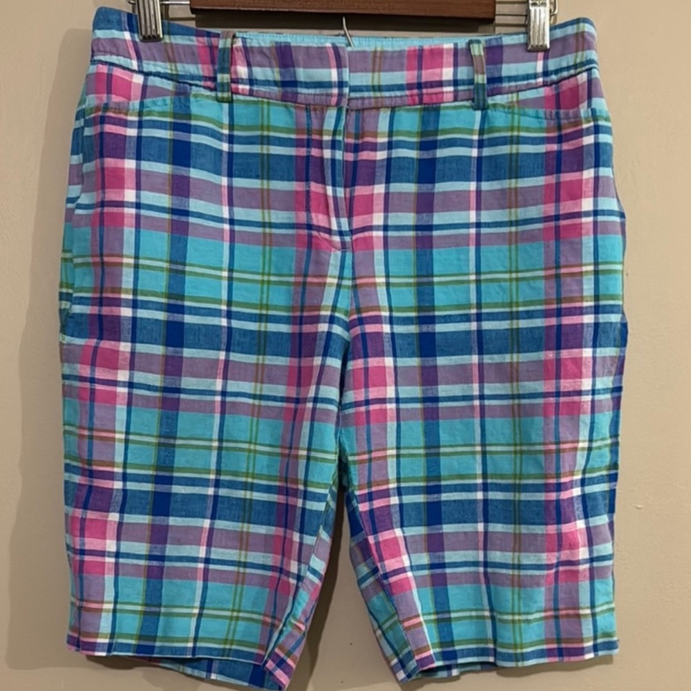 Talbots Linen Perfect Bermuda Shorts Vibrant Plaid Design Women's Sz 2 Preppy